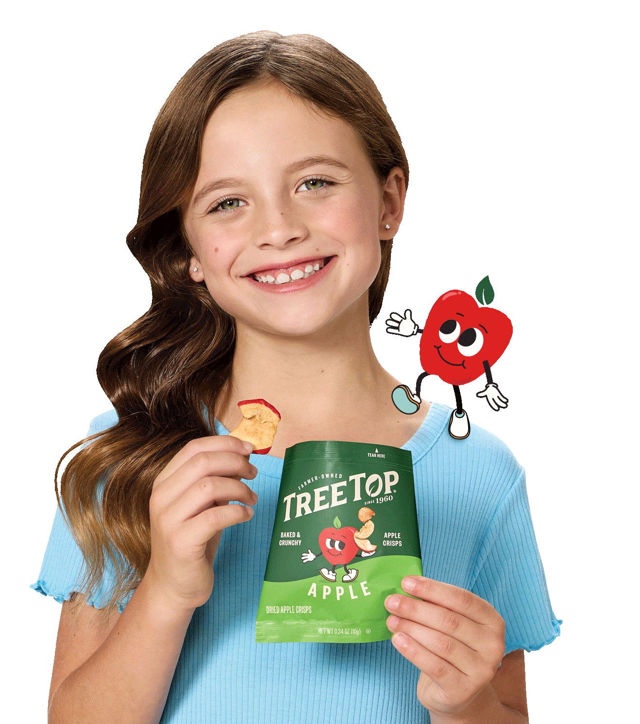 A young girl playfully interacts with a bag of apple crisps.