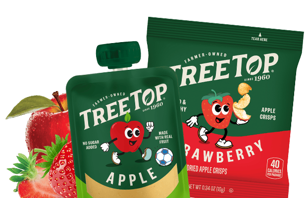 An applesauce pouch positioned next to strawberry-flavored apple crisps.